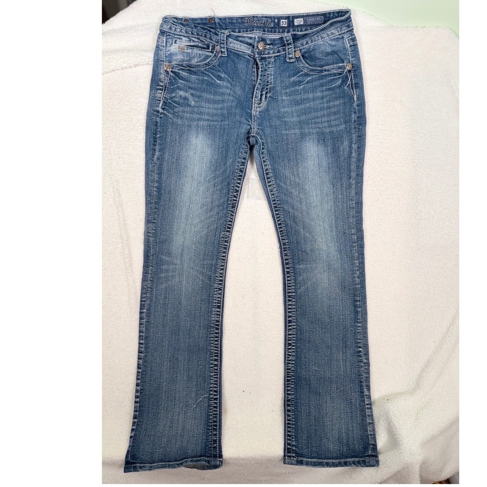 Miss Me Signature Bootcut Jeans Womens 33 Dark Wash Embellished Flap Pocket Y2K